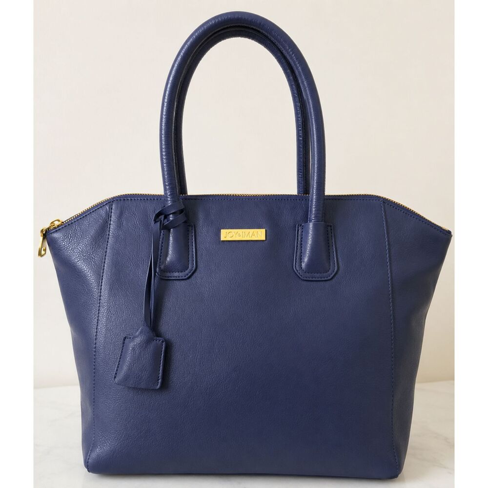 NWOT Joy & Iman Navy Blue Leather Tote Bag Multi Pocket Purse With Flashlight
